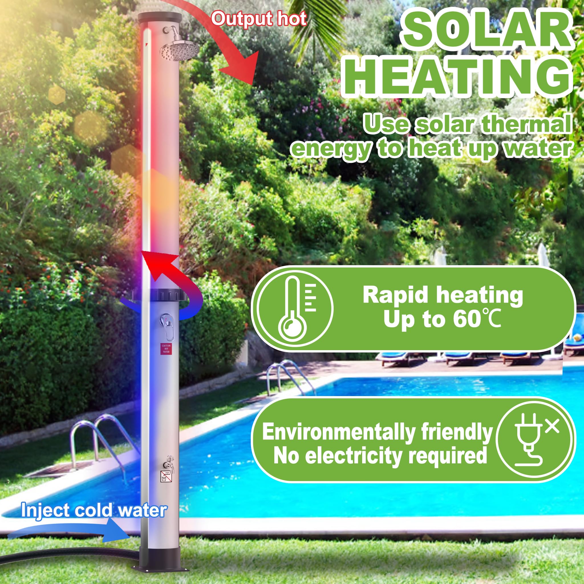 SUBTLETY Prysznic solarny 35 l, system prysznicowy z obrotową głowicą prysznicową i prysznicem nożnym, prysznic zewnętrzny, kolumna prysznicowa, temperatura wody do 60°C, do ogrodu, na kemping, baseny (srebrny + czarny)