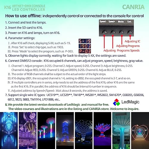 Miniatura 4 de CANRIA Controlador LED de consola K16 ARTNET+DMX, control de iluminación profesional, adecuado para SPI TTL, en línea fuera de línea, programable