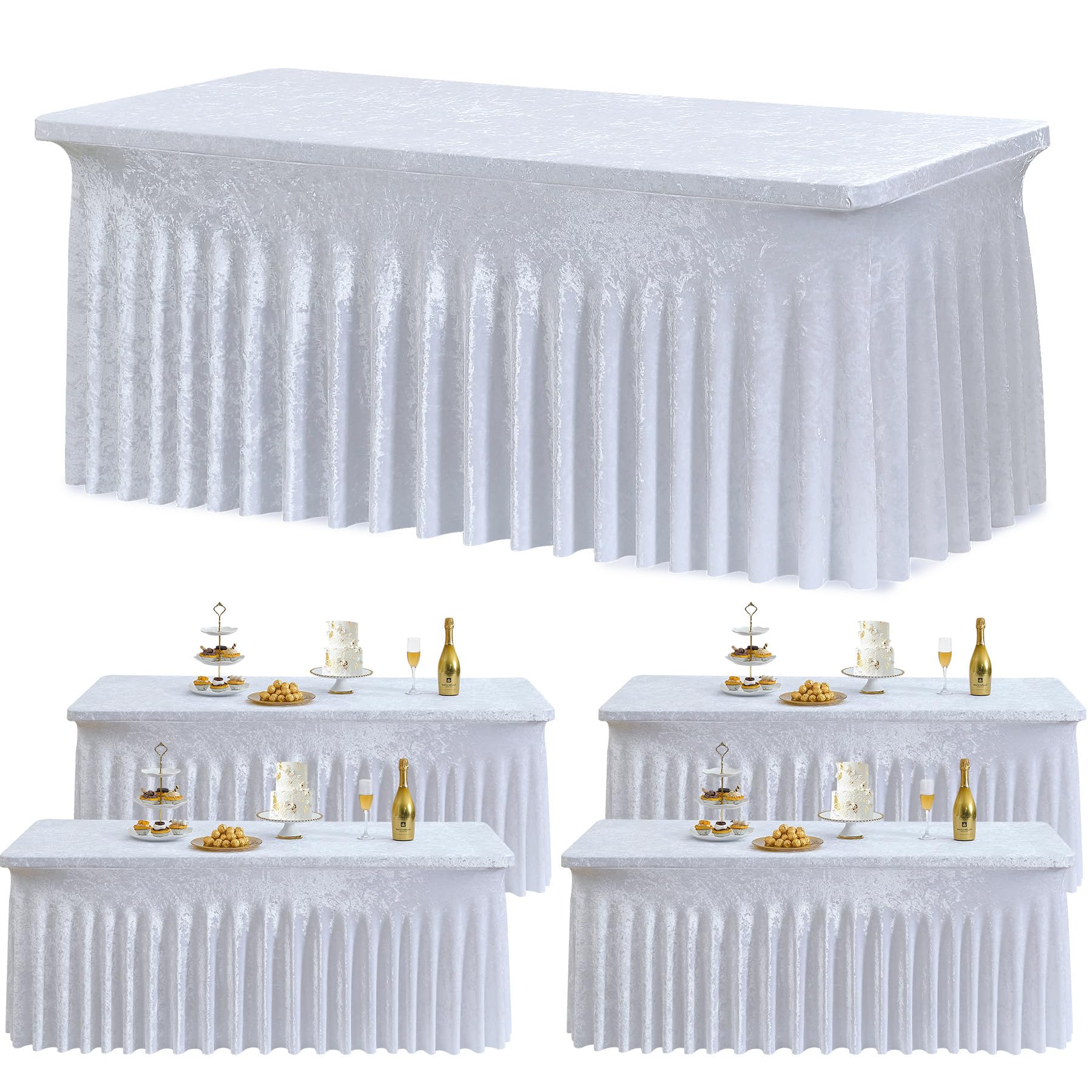4 Pack White Velvet Table Clothes for 6 Foot Rectangle Tables, Spandex Thick Fitted Table Cover 6ft Soft Tablecloths 90x132 inch Desk Skirt for Parties Weddings Birthday Banquet Baby Shower