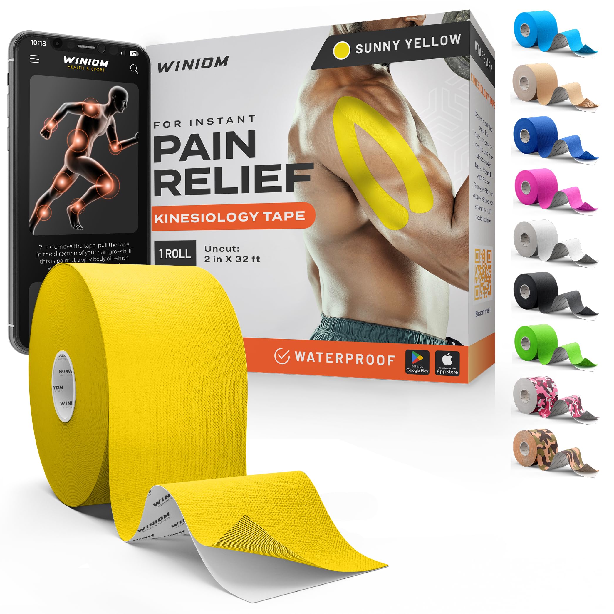 Kinesiology Tape - Waterproof Athletic Sports Tape for Knee, Shoulder, Arm &amp; Back Support | 3-5 Day Adhesion, Hypoallergenic &amp; Latex-Free + Taping Guide (Uncut, 2"x32ft Roll, Sunny Yellow)