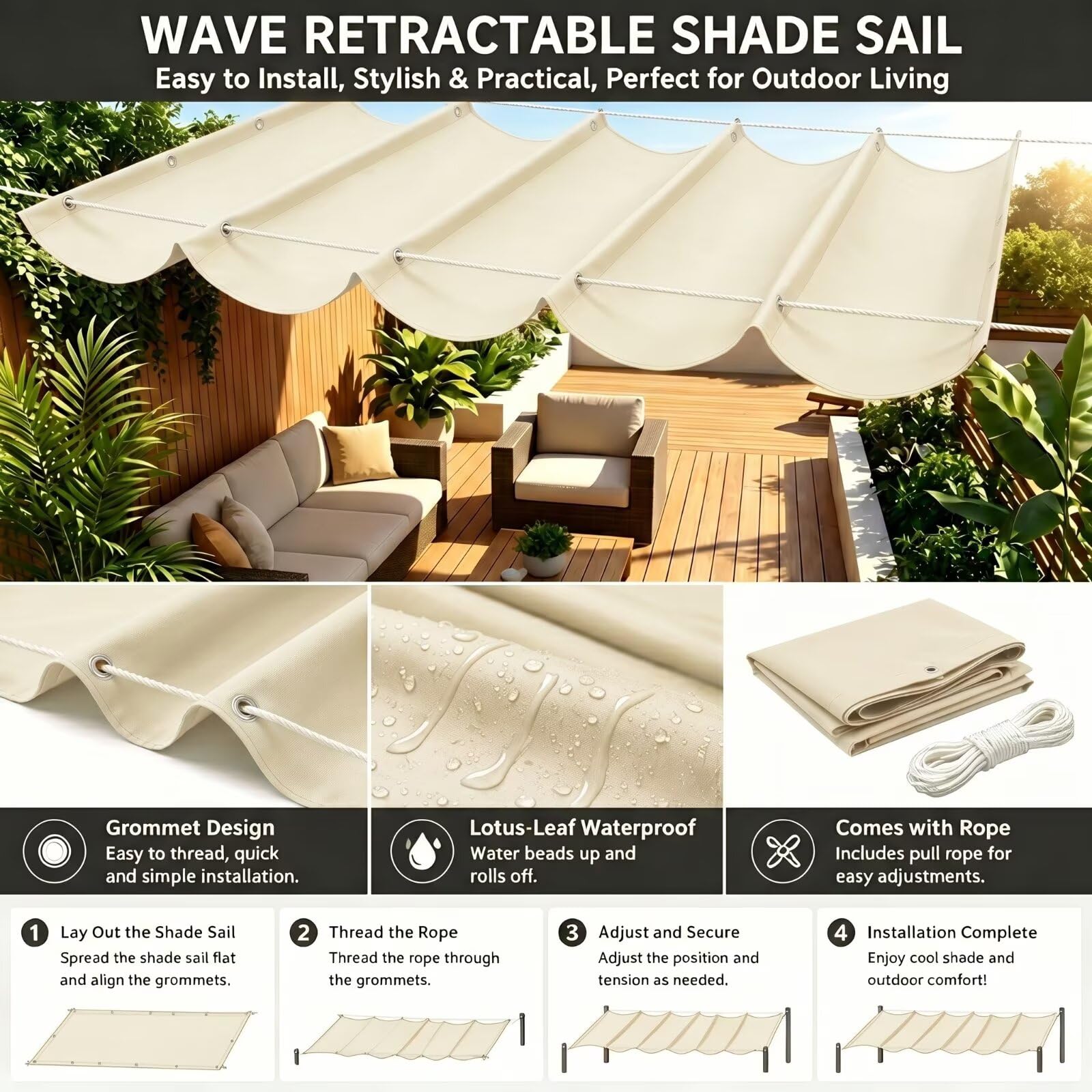 Wellen Sonnensegel 200x400cm,Terrassenüberdachung ausziehbar,Sand | Robustes 230g/m² HDPE Segel,hitzeisolierender UV & Regenschutz für Holzpergola,Edelstahl Ösen,4 Jahreszeiten nutzbar