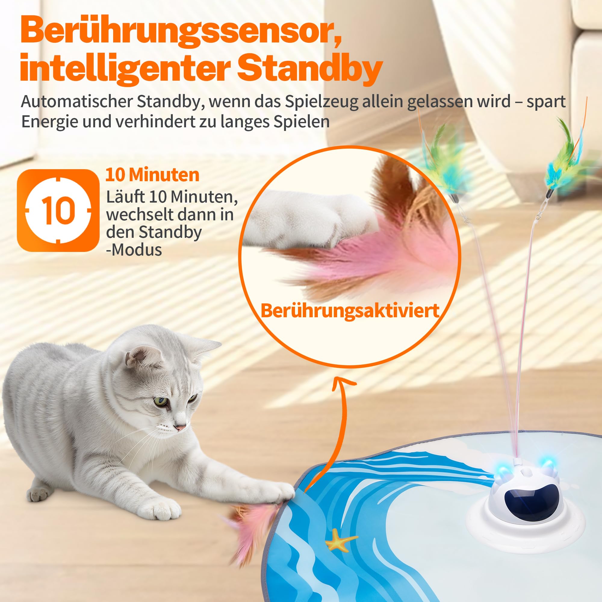 Toozey Interaktives Katzenspielzeug mit 3 abnehmbaren Federn, Elektrisches Katzenspielzeug mit Federautomatik & USB-Aufladung, Selbstbeschäftigungspielzeug für Katzen jeden Alters, Blau