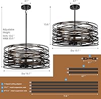 Vista 6 de 19.7'' Farmhouse Dining Room Light Fixture, 5-Light Metal Drum Chandelier, Black with Retro Wood Texture