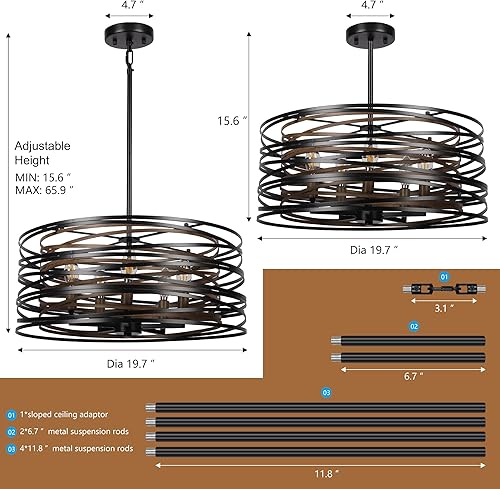 Miniatura 6 de Lámpara de comedor de granja de 19.7 pulgadas, lámpara de araña de tambor de metal de 5 luces, color negro con textura de madera retro interior