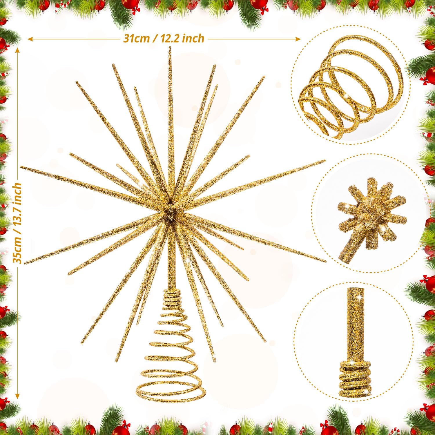 13.7 Inch Gold Christmas Tree Topper - 3D Burst Gold Tree Topper, Exploding Star Christmas Tree New Year Holiday Tree Decoration