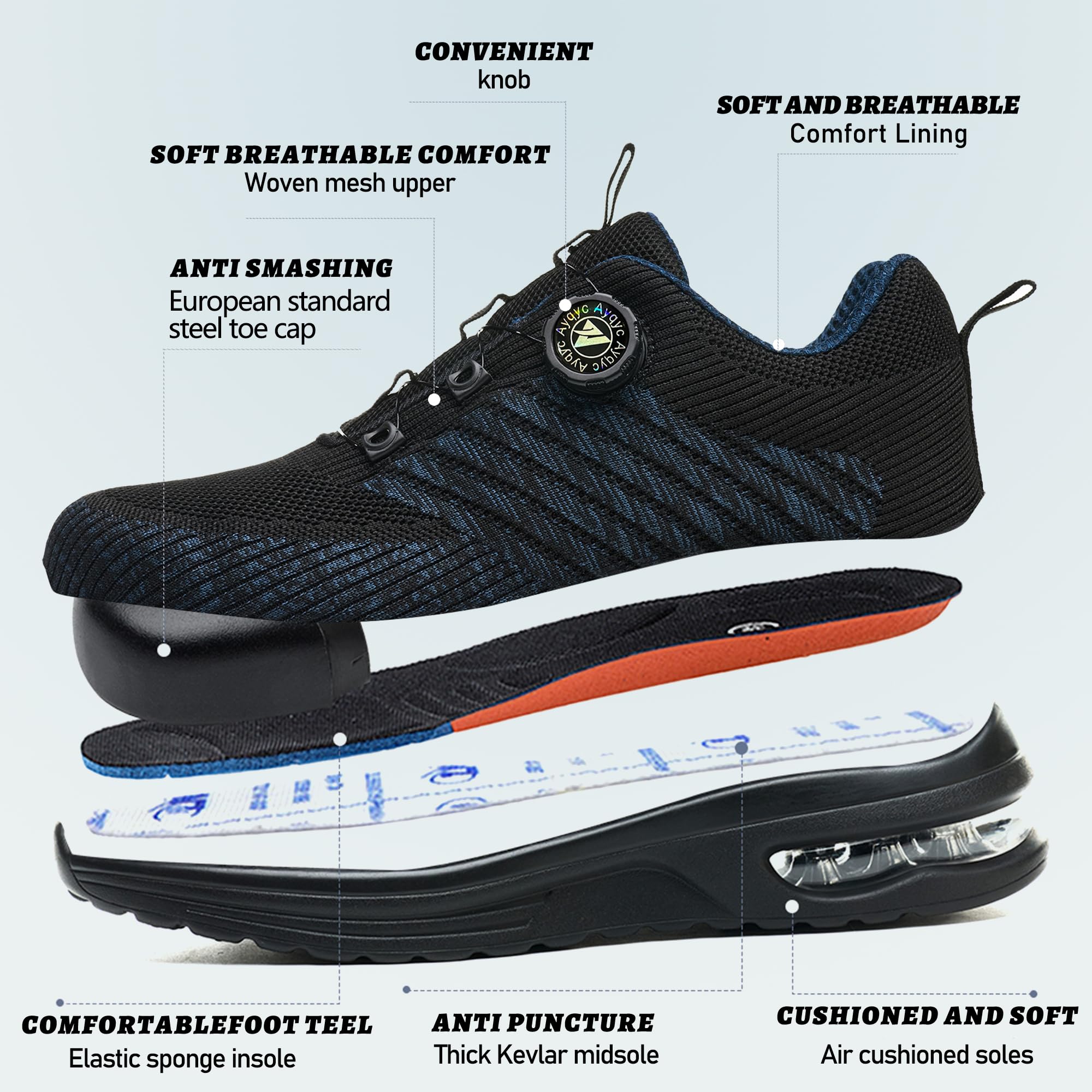 Buty ochronne męskie ze stalowym noskiem, buty ochronne damskie, lekkie buty ochronne, oddychające, antypoślizgowe, robocze buty ochronne z poduszką powietrzną, obrotową klamrą, sznurówki, NIEBIESKI
