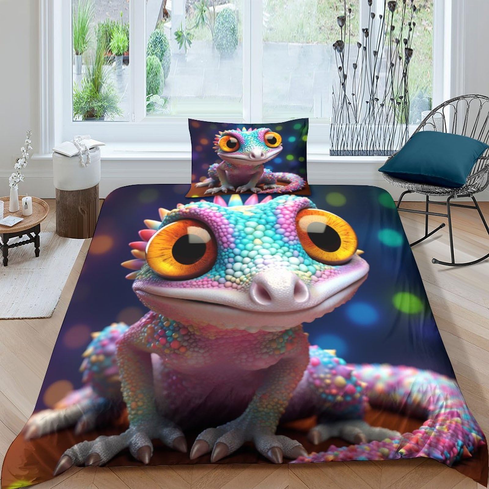 Housse de Couette Gecko Impression 3D Premium Parure de Lit Microfibre Luxury 135x200