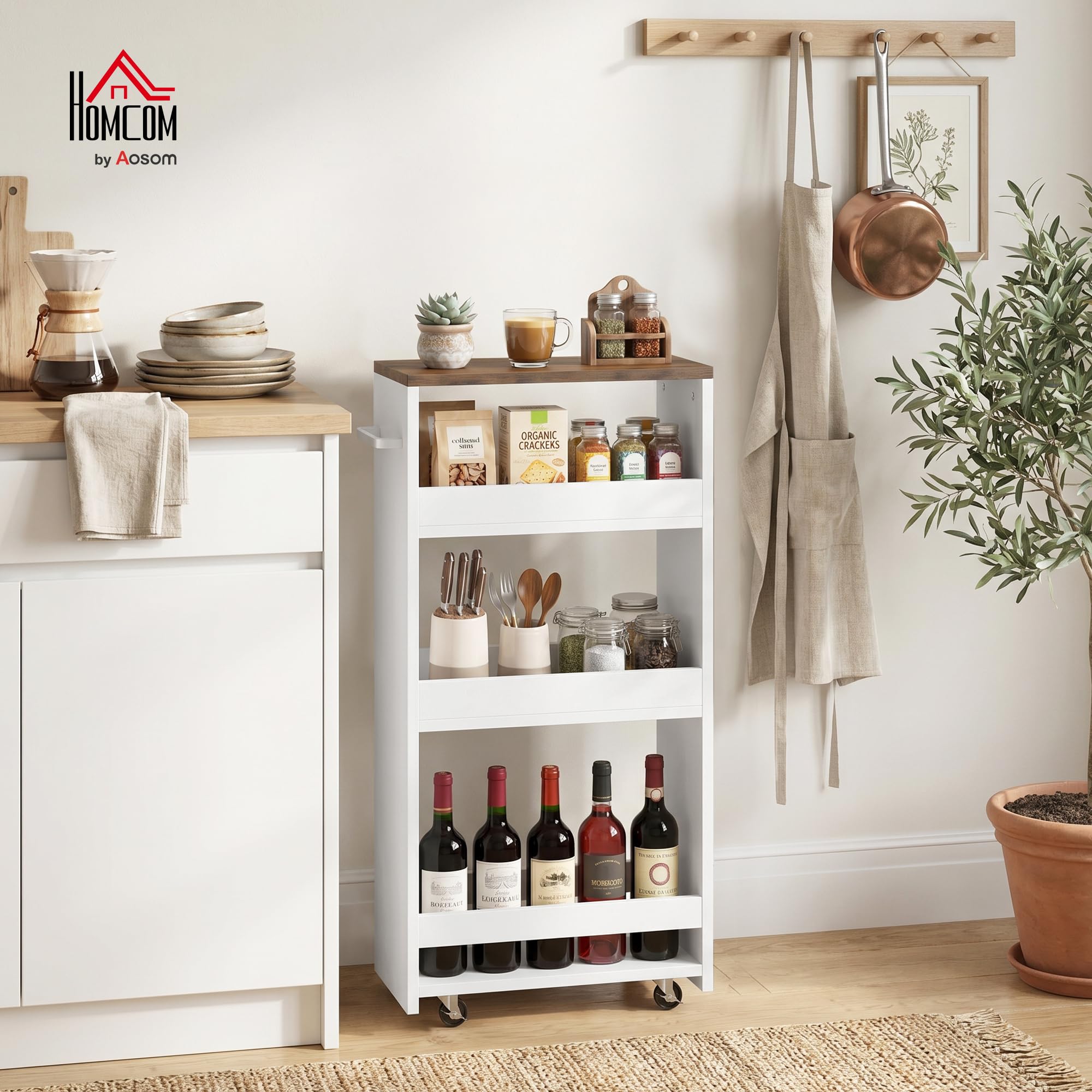 HOMCOM Carrito de Cocina Estrecho 3 Niveles con Ruedas 40x20x84 cm Blanco | Asa Lateral, Carro de Cocina Rodante, para Espacios Reducidos, Comedor o Salón