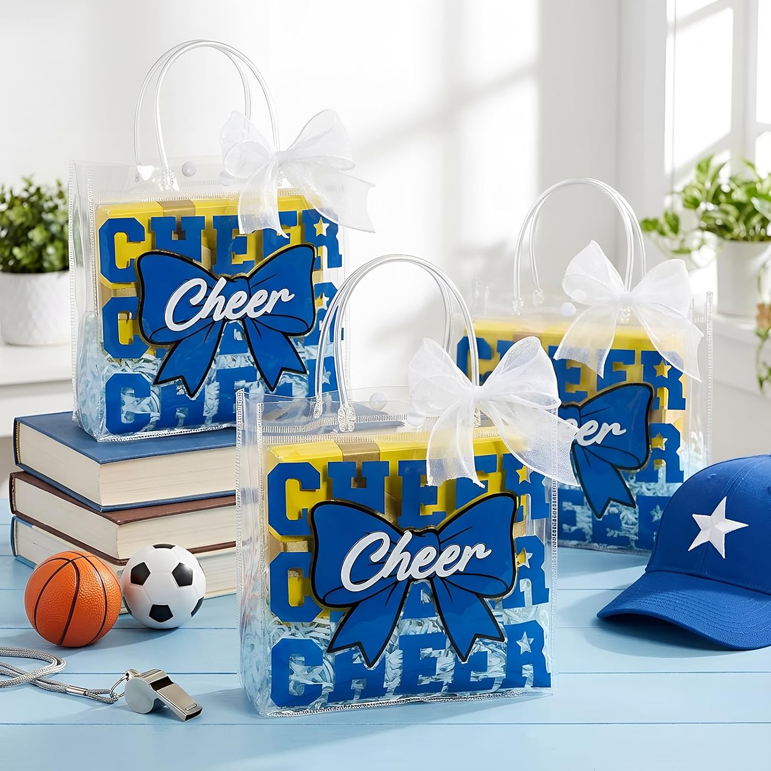 Sweetude 24 Pcs Cheer Clear PVC Gift Bags with Handles Bulk Cheer Team Cheerleader Treat Goodie Candy Tote Bag with Bow Ribbon for Team Birthday Youth Cheerleading Party Supplies(Blue)