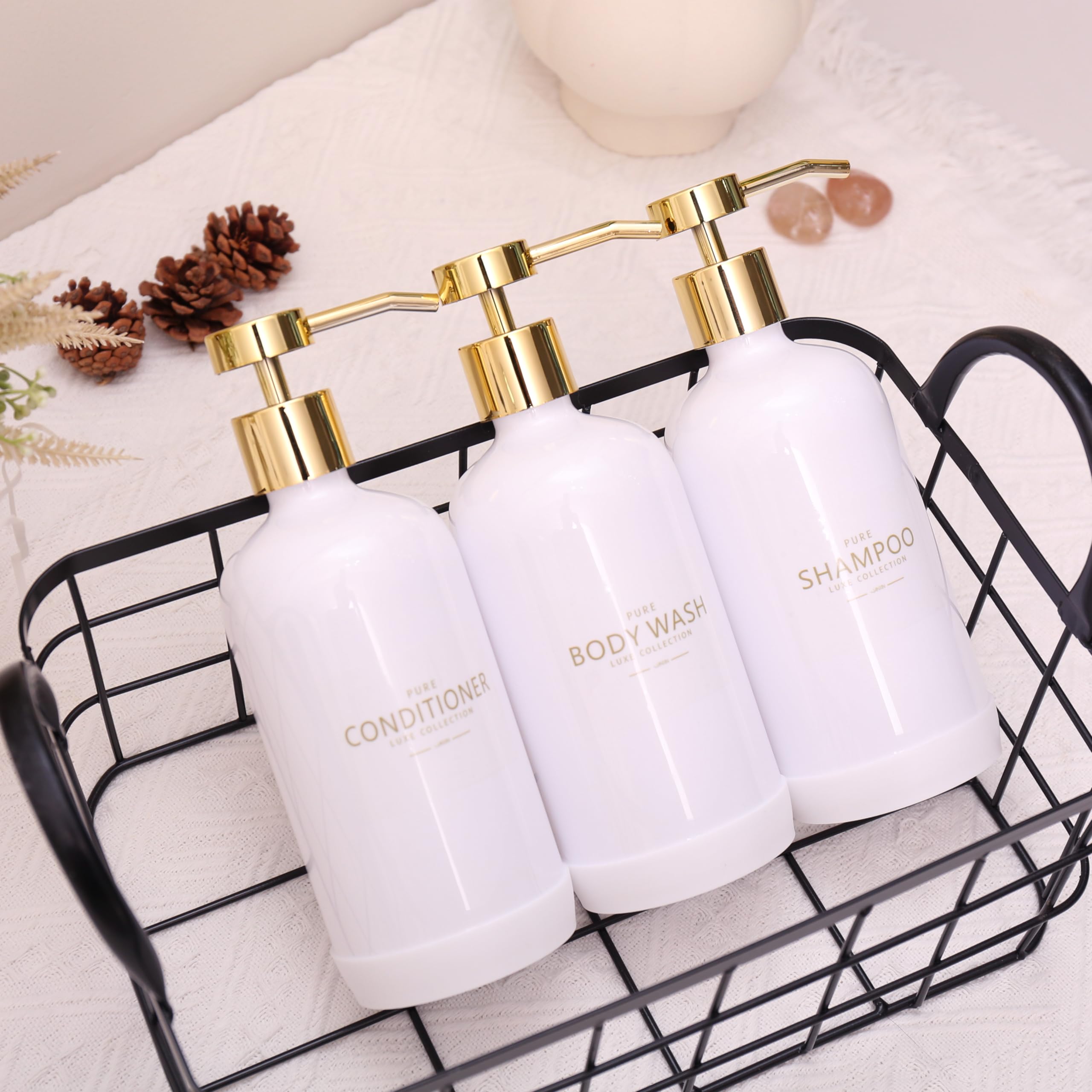 Janxin Shampoo and Conditioner Dispenser Set of 3,Refillable 21oz Shampoo Bottles with Non-Slip Protective Silicone Pad,Shower Soap Dispenser with Waterproof Labels for Bathroom (White) - Image 4