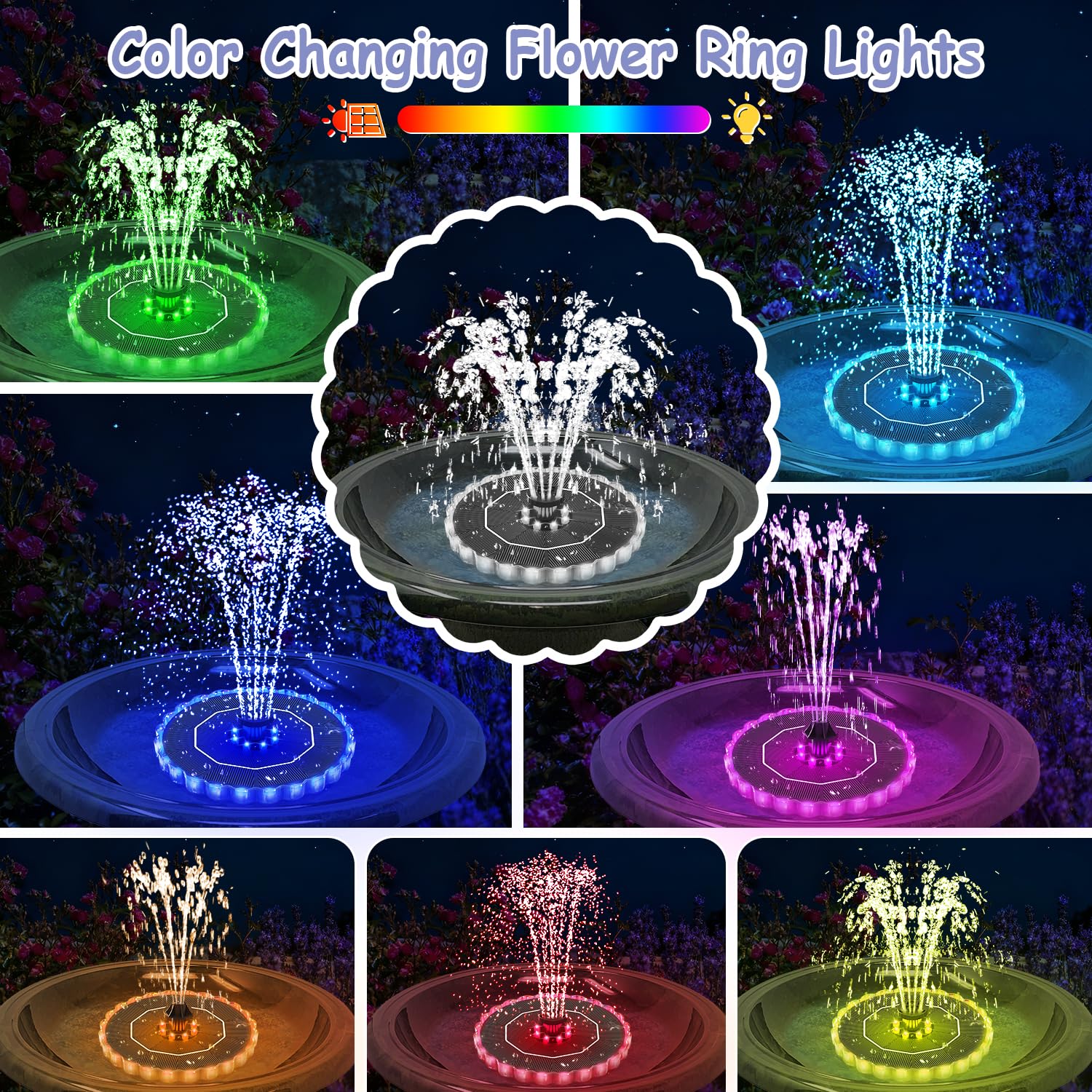 Fontana Solare Colorato LED, Yzert 3.5W Vetro Pompa ad Acqua Solare Fontana, 2000mAh Batteria, 7 Ugelli & 4 Fissatori Esterno Pompa per Laghetto, Piscina, Acquario, Vaso dei Pesci e Bagno