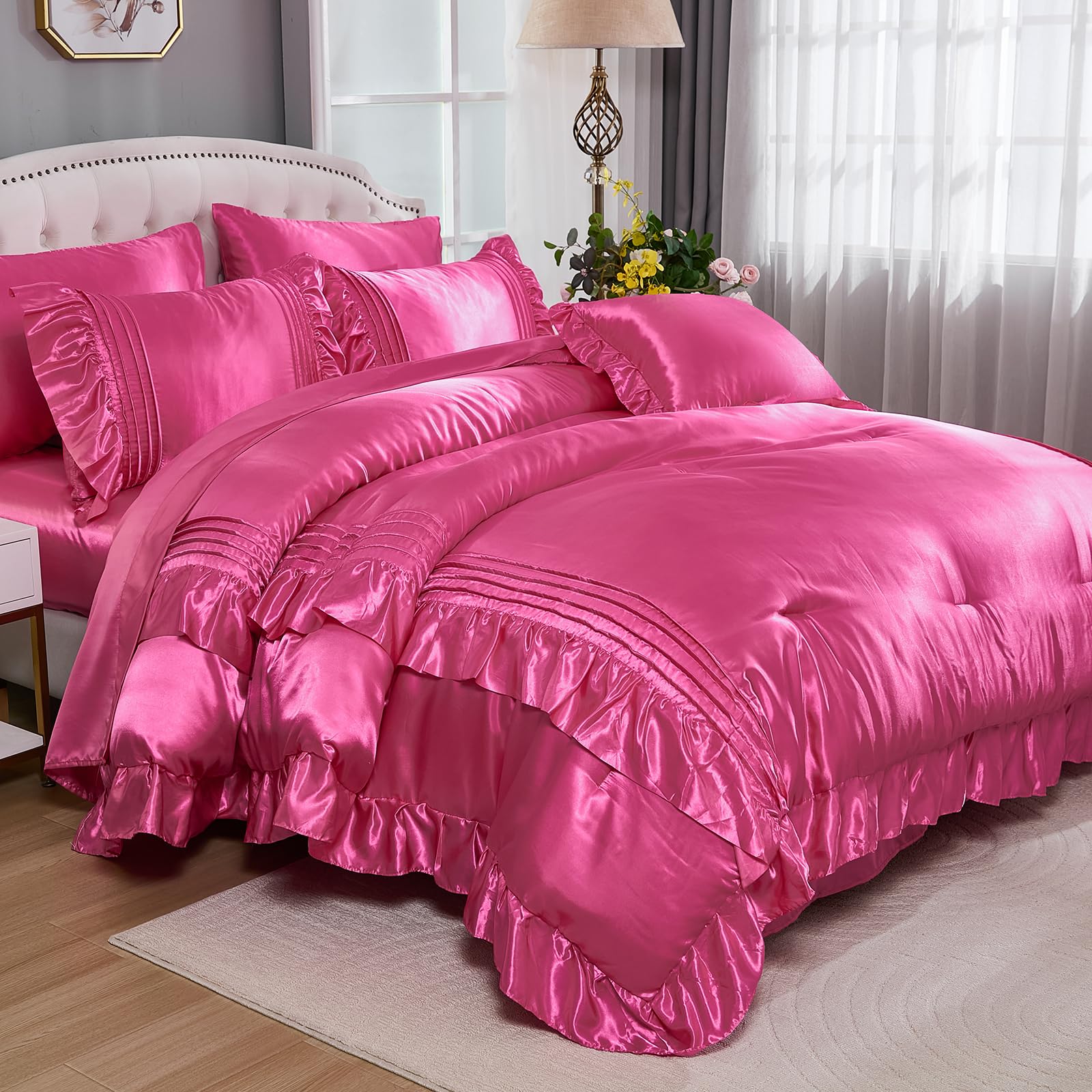 Satin Comforter Set 8 Pieces Queen Comforter with Sheets Hot Pink Satin Bed Set Luxury Bedding Bed in a Bag 1 Comforter 4 Pillowcasas 1 Flat Sheet 1 Fitted Sheet 1 Cushion Cover-picture-25