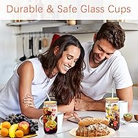 Vista 5 de Vasos de Vidrio con Tapas y Pajitas 20 Piezas 16 oz Vaso de Café Helado Delgado y Largo Juego de Vasos de Cerveza para Beber con Tapas de Bambú