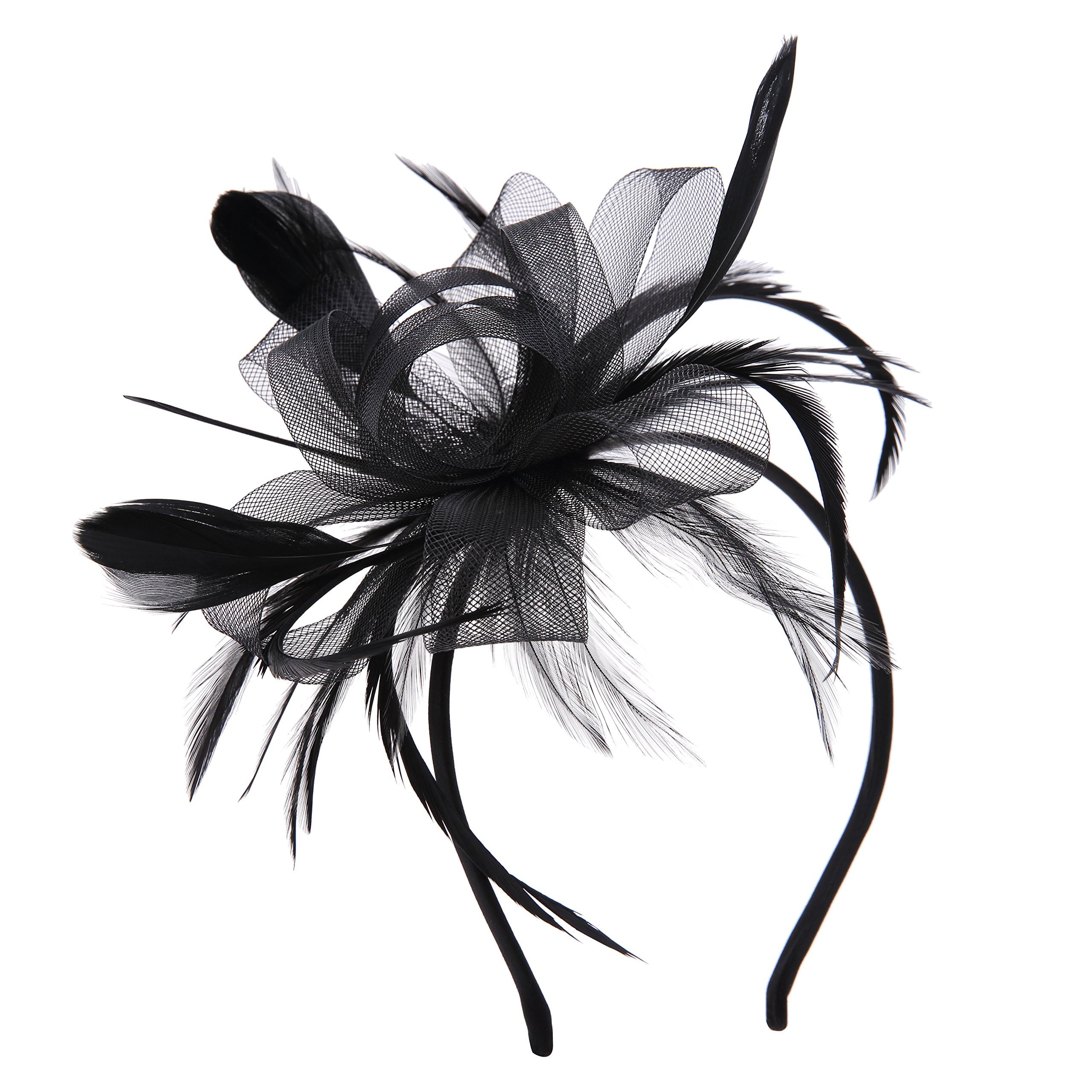 Tocado de plumas para cóctel de flores, fiesta de té, sombrero Derby para niñas y mujeres (negro, talla única)