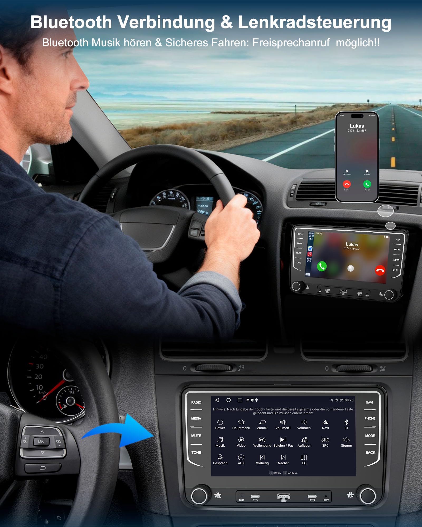 Autoradio mit Bildschirm Bluetooth 2+64GB für VW Golf 5 6 T5 Polo 6R Passat Caddy Seat Skoda, 2DIN 7 Zoll Auto Radio mit Navi DAB WLAN FM/AM, Apple Carplay, Android Auto, Lenkradsteuerung, Android 14