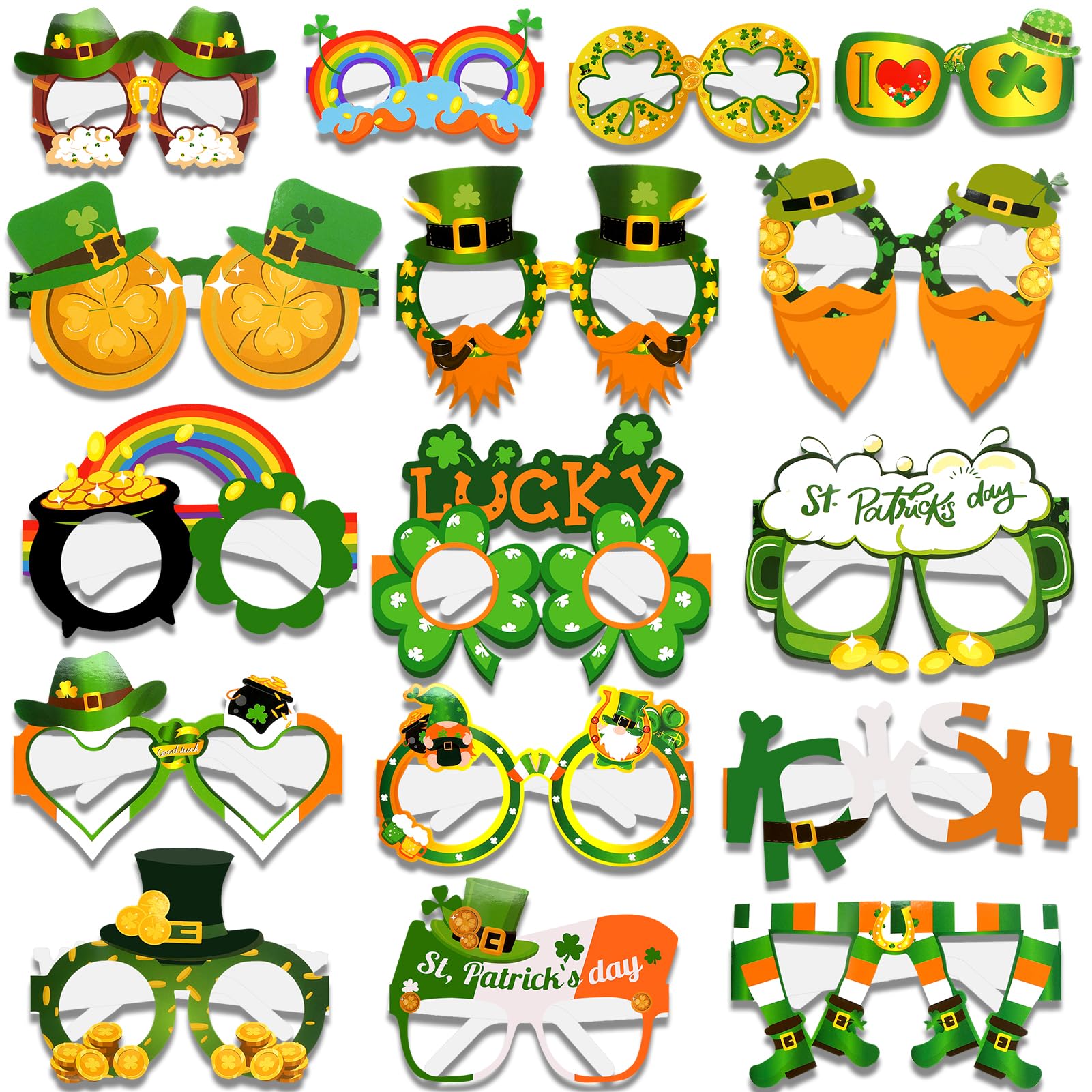 HOWAF 16pcs St patricks Day Glasses Leprechaun Hat Shamrock Decorations Paper Glasses Irish Accessories St patrick's Day Funny Glasses Novelty Glasses Photo Booth Props for St Patricks Day Accessories