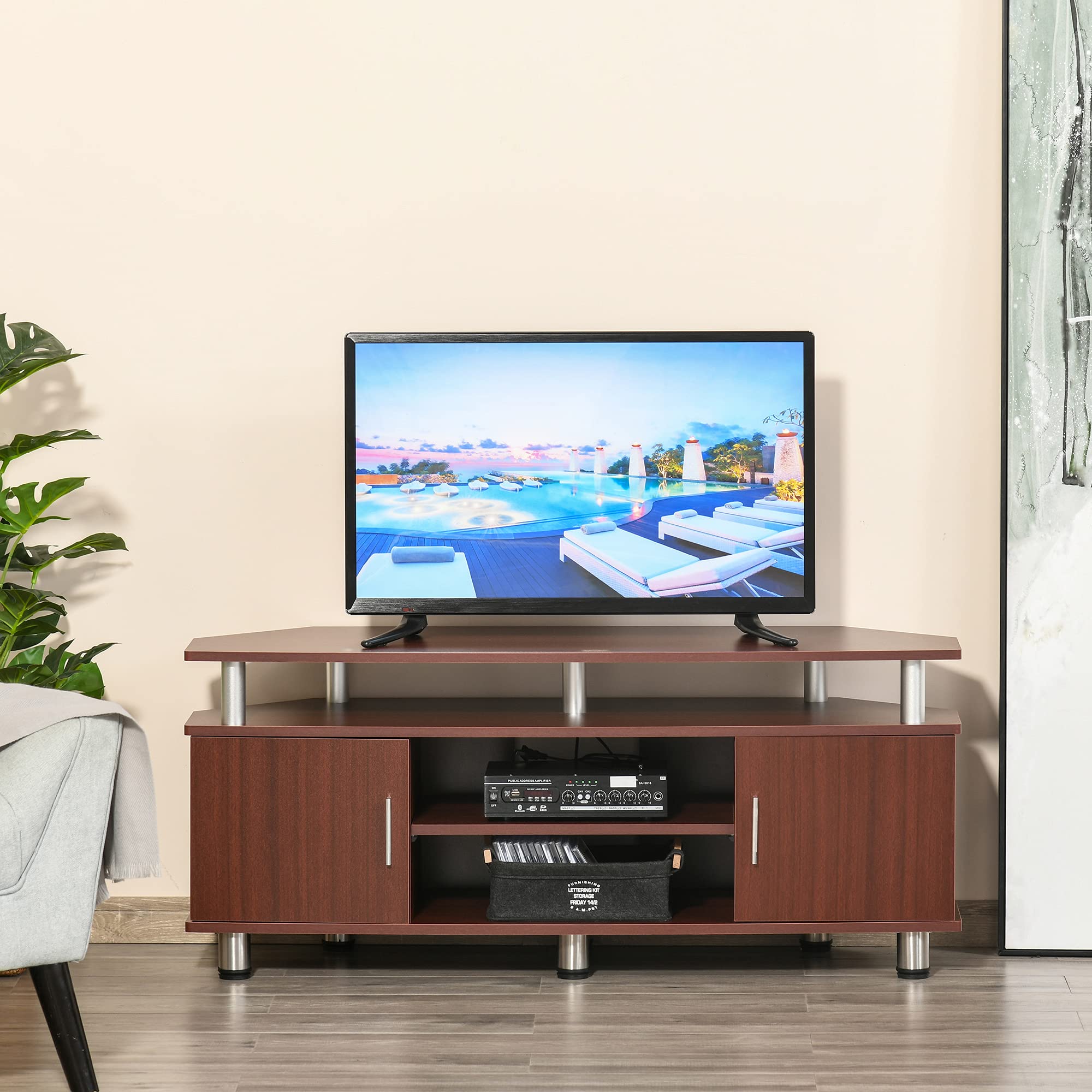 HOMCOM Mobile Porta TV Classico da Soggiorno, 120x39.5x52cm, Marrone | 2 Ripiani, 2 Armadietti, MDF e Acciaio Inox
