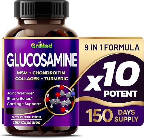 GriMed Glucosamina 12,000 mg - X12 Power con MSM, condroitina, colágeno, cúrcuma para el bienestar de las articulaciones, huesos fuertes, soporte