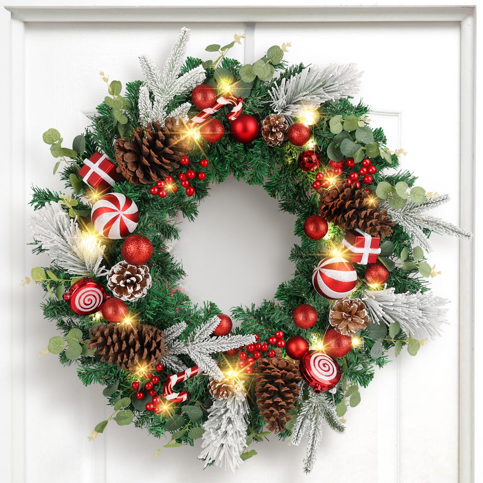 24 Inch Christmas Wreath with Lights Candy Cane Wreath for Front Door Artificial Prelit Xmas Wreath Outdoor Flocked Wreath with Eucalyptus Pine Cones Berry for Wall Windows Holiday Decorations