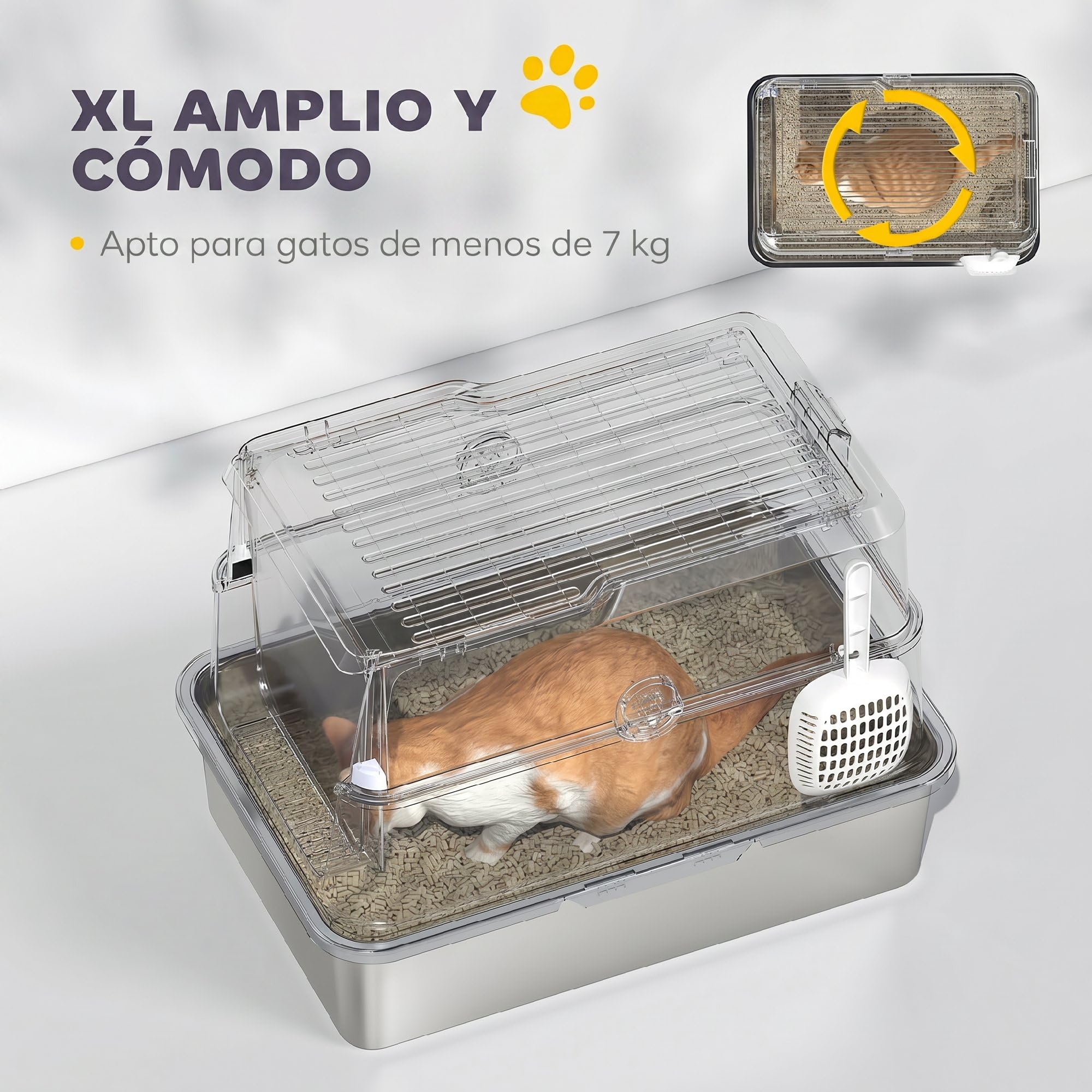 PawHut Arenero para Gatos de Acero Inoxidable XL Borde Alto Gris Claro