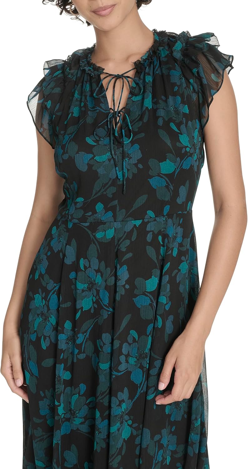 Tommy Hilfiger Womens Flutter Sleeve Tie Neck Chiffon Midi Dress - Image 2