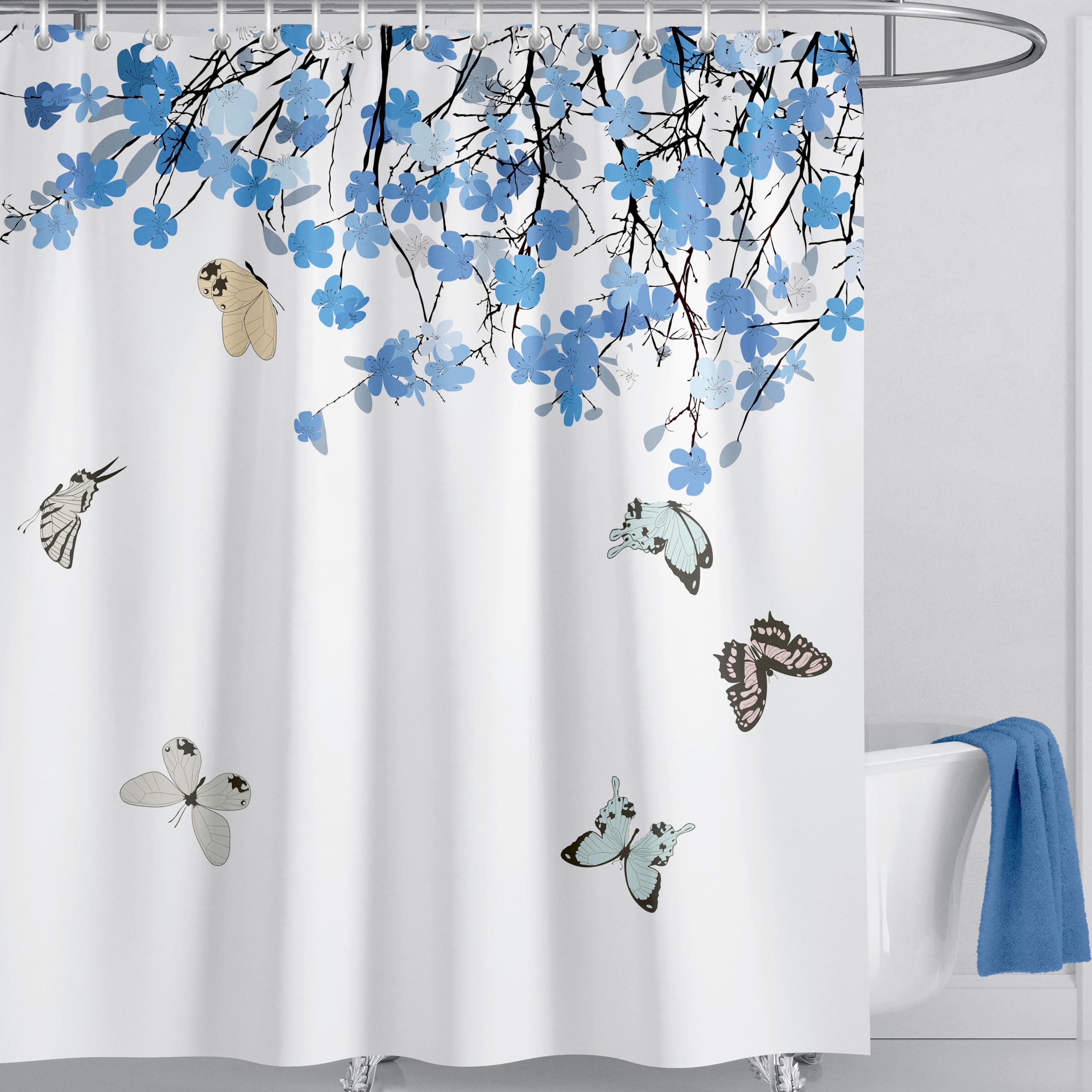 LIVETTY Blue Shower Curtain Butterfly Floral Shower Curtains Plant 180 x 180 cm Bathroom Fabric Bath curtain With 12 Hooks Washable Quick-Drying Curtains — image 1