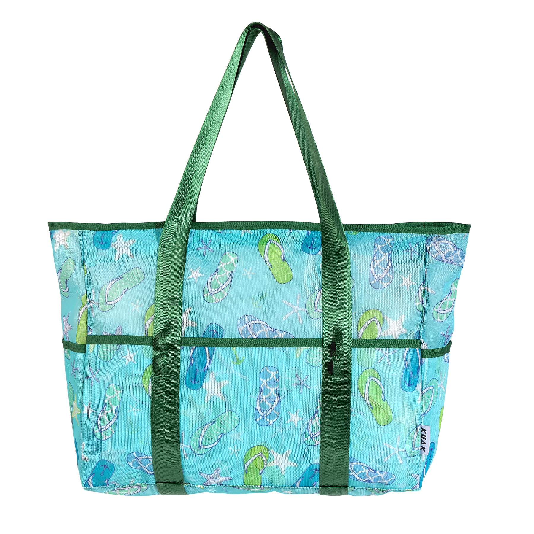 KUAK Mesh Beach Bag, Large Beach Tote with Top Zipper, 9 Pockets, Inner Waterproof Pocket for Family Pool Vacation Essentials