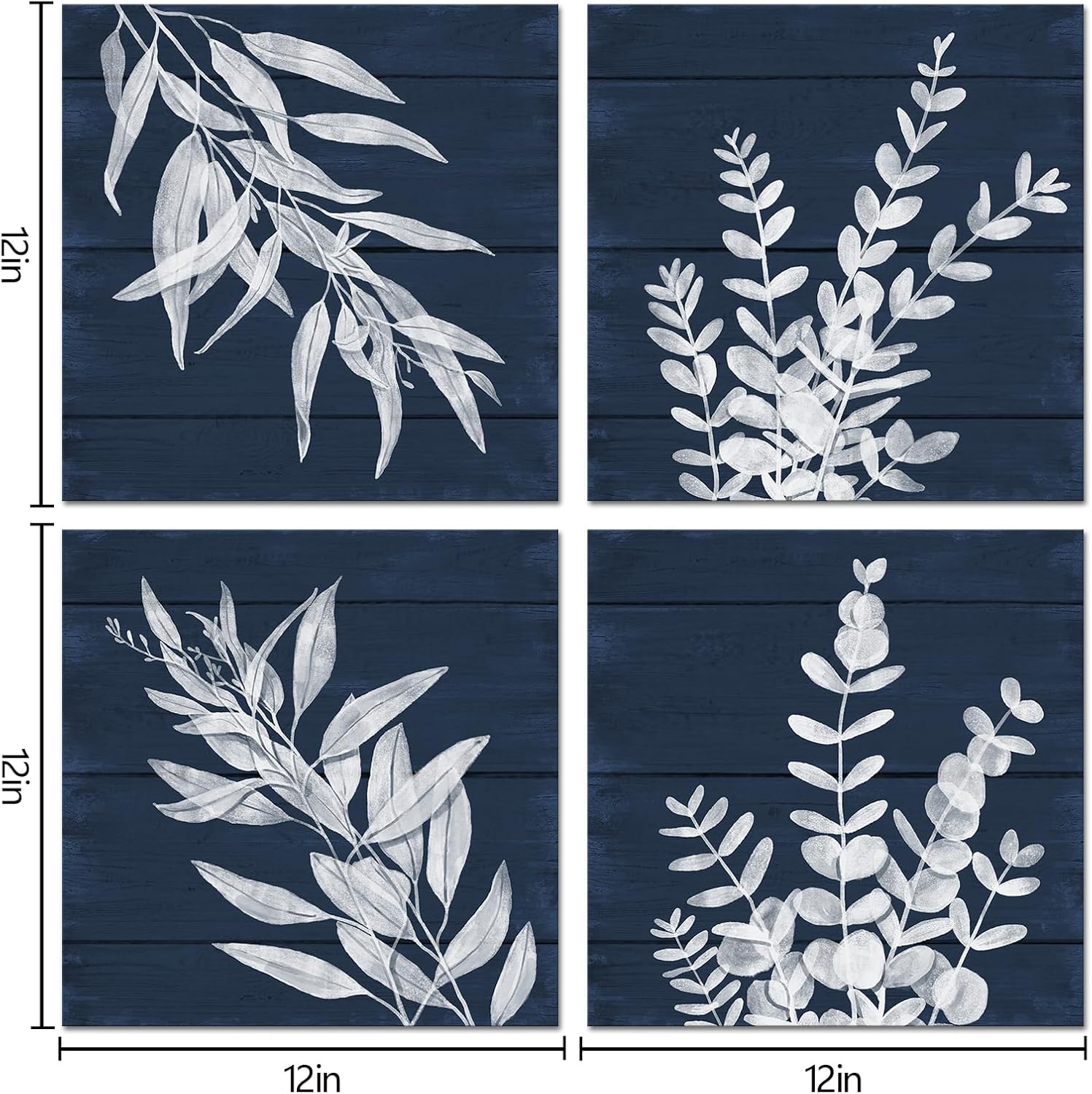 WELMECO Botanical Leaf Decor Bathroom Wall Art Eucalyptus Pictures Wall Decor,Framed 12x12inchx4Pieces (Deep Blue)