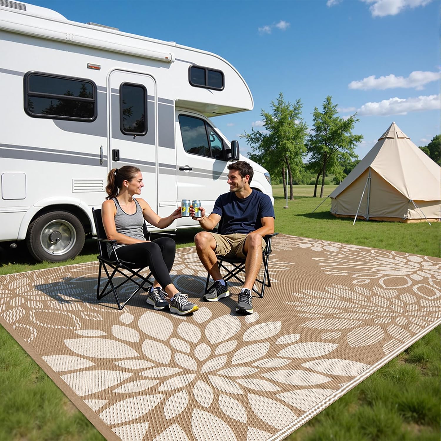 HEBE Waterproof Outdoor Rug 8x10 for Patios, Floral Reversible Plastic Straw Rug Patio Mat, Indoor Outdoor Carpet RV Mat Camping Rug for Deck, Camper, Porch, Balcony, Backyard, Picnic