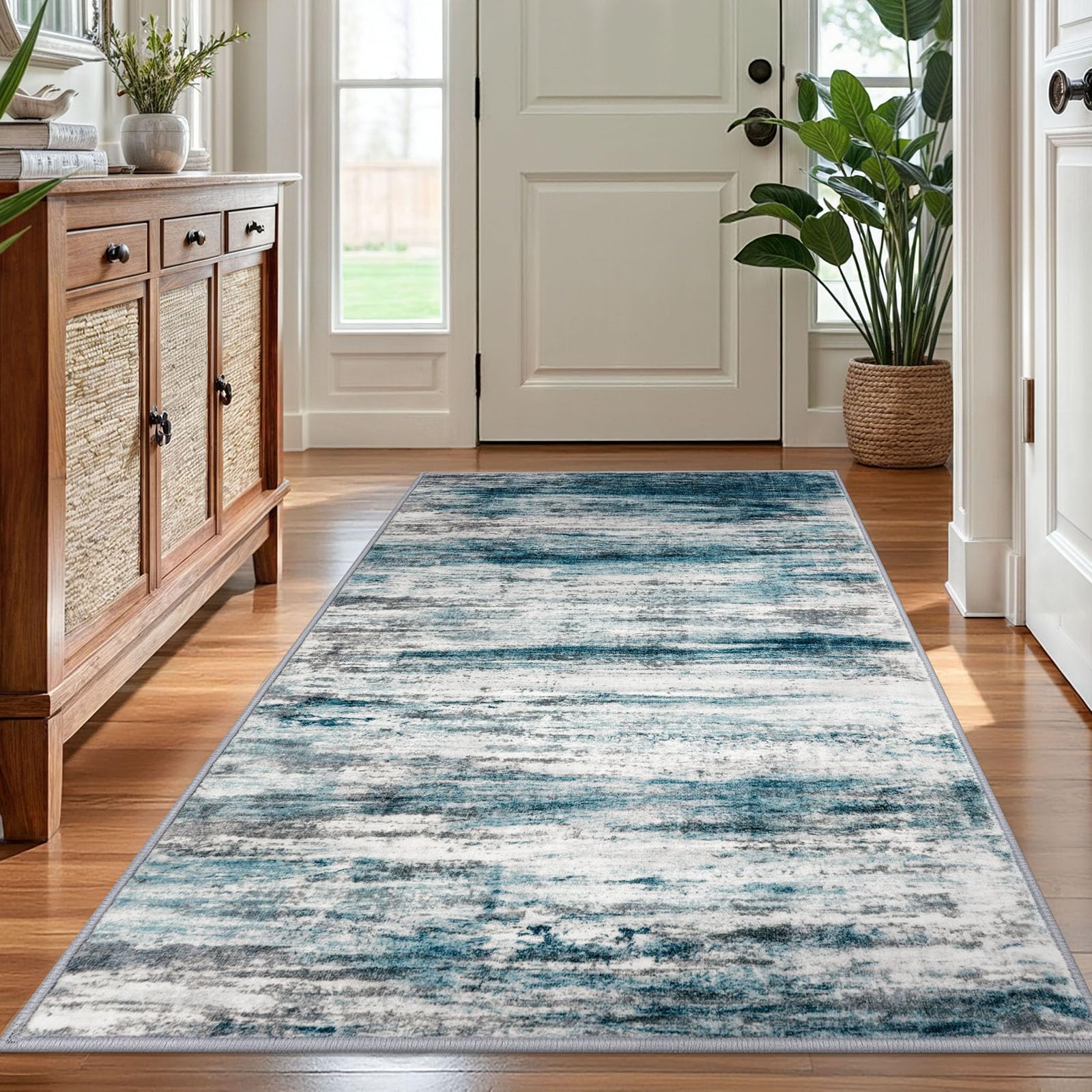 KOZYFLY 4x6 Area Rug Modern Ombre for Bedroom, Washable Non-Slip Soft Striped Living Room Rug, Print Distressed Grey-Blue Abstract Carpet for Laundry Nursery — image 1