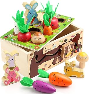 Cheffun Wooden Montessori Toys - Carrot Harvest Game, Preschool Learning Activities, Shape Sorter, Fine Motor Toys, Learning Resources, Montessori Toys For 1 Year Old 2 3 4 Toddlers, Kids, Boys, Girls