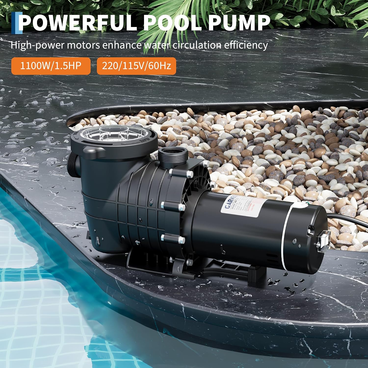 Garvee 1.5 HP Swimming Pool Pump 1100W 115V/220V Dual Voltage Pumps with Strainer Basket for Above-Ground and In-ground Pool, 6500 GPH Max. Flow