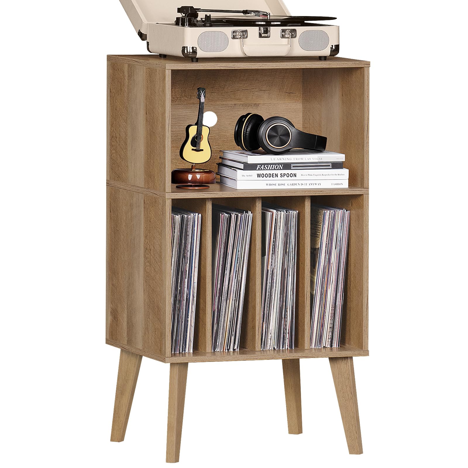 LELELINKY Record Player Stand, Turntable Stand Hold Up To 160 Albums, Mid-Century Vinyl Storage Table With Legs, Record Player Holder Display Cabinet Rack For Bedroom Living Room, Oak