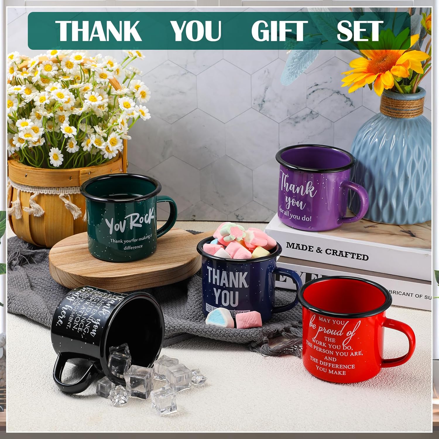 Mifoci 10 Pcs Thank You Gifts Enamel Mugs Employee Appreciation Gifts Coffee Cups with Handle 12 oz Motivational Quote Mugs for Coworker Friend Volunteer Teacher Nurse Office(Colorful)