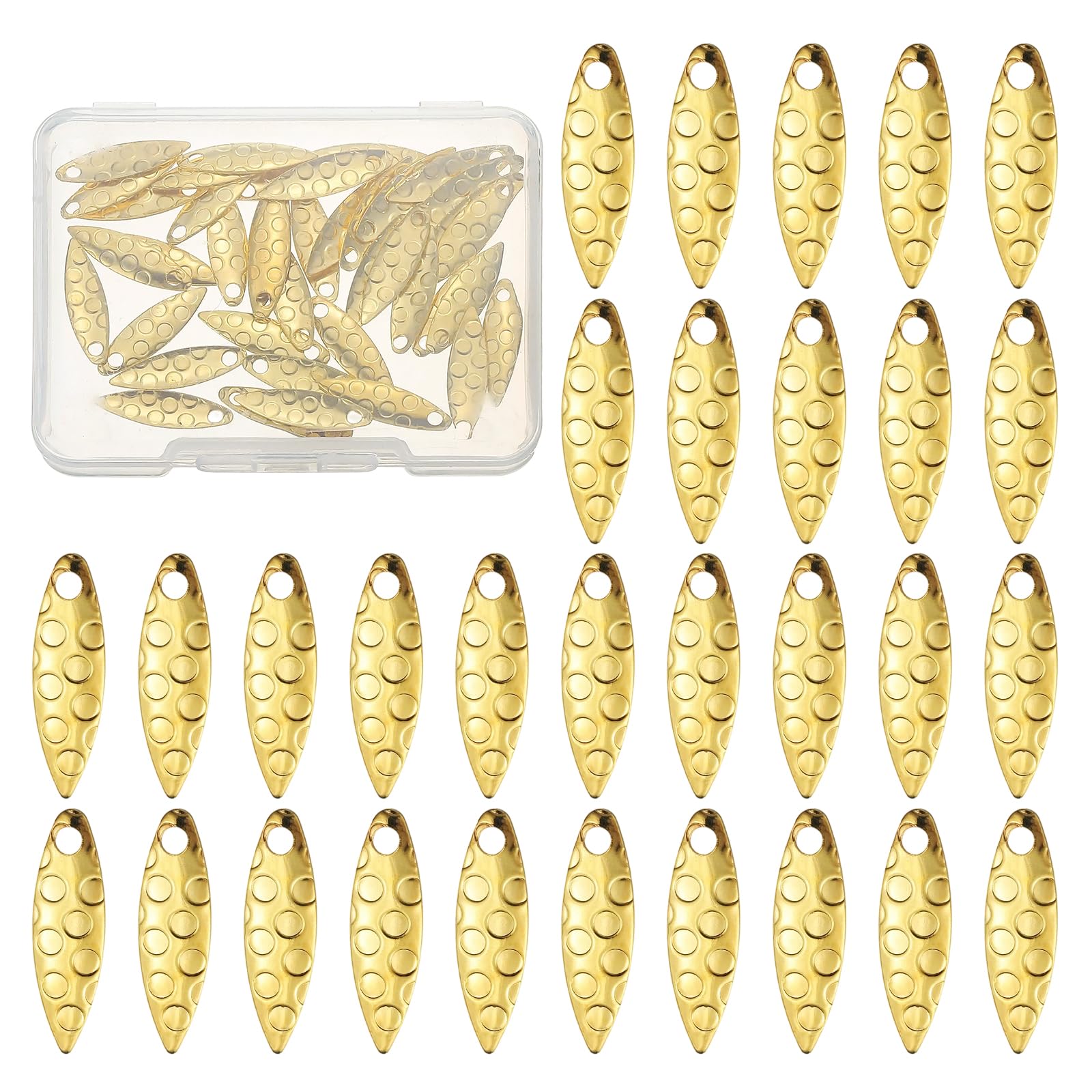 PATIKIL Fishing Lure Blades, 40 Pack 0.7" x 0.2" Round Fishing Spinner Baits Willowleaf Lure Spinner Making Part with Plastic Storage Box for Bait Accessories, Gold Tone