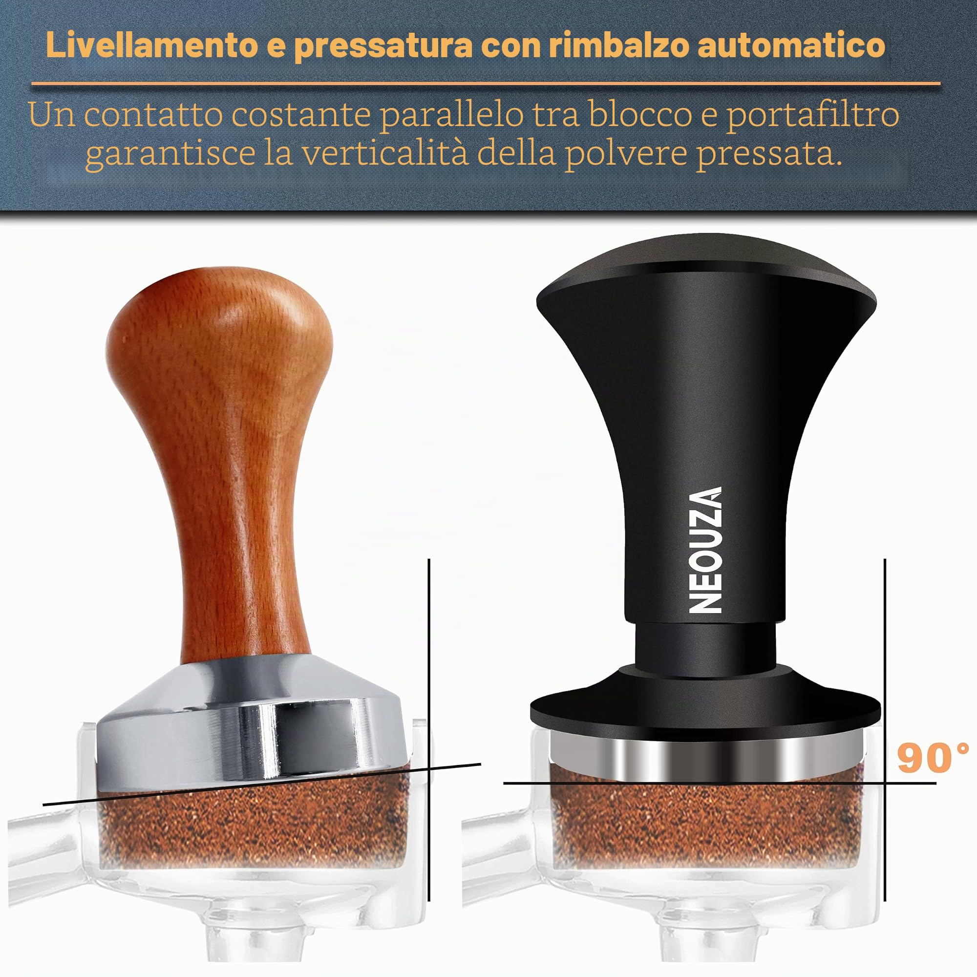 NEOUZA, tamper per espresso V2 a doppia molla calibrata per portafiltro della macchina da caffè, antideflessione da pressione, manico raffinato, base in acciaio ondulata (53,3 mm)