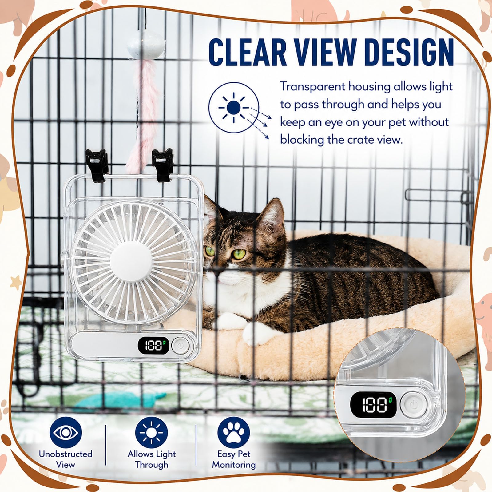 Ventola di raffreddamento per animali domestici, ricaricabile e alimentata tramite USB, ultra silenziosa, a 5 velocità, per gabbie, trasportini e cucce, include fascette riutilizzabili (versione 2025