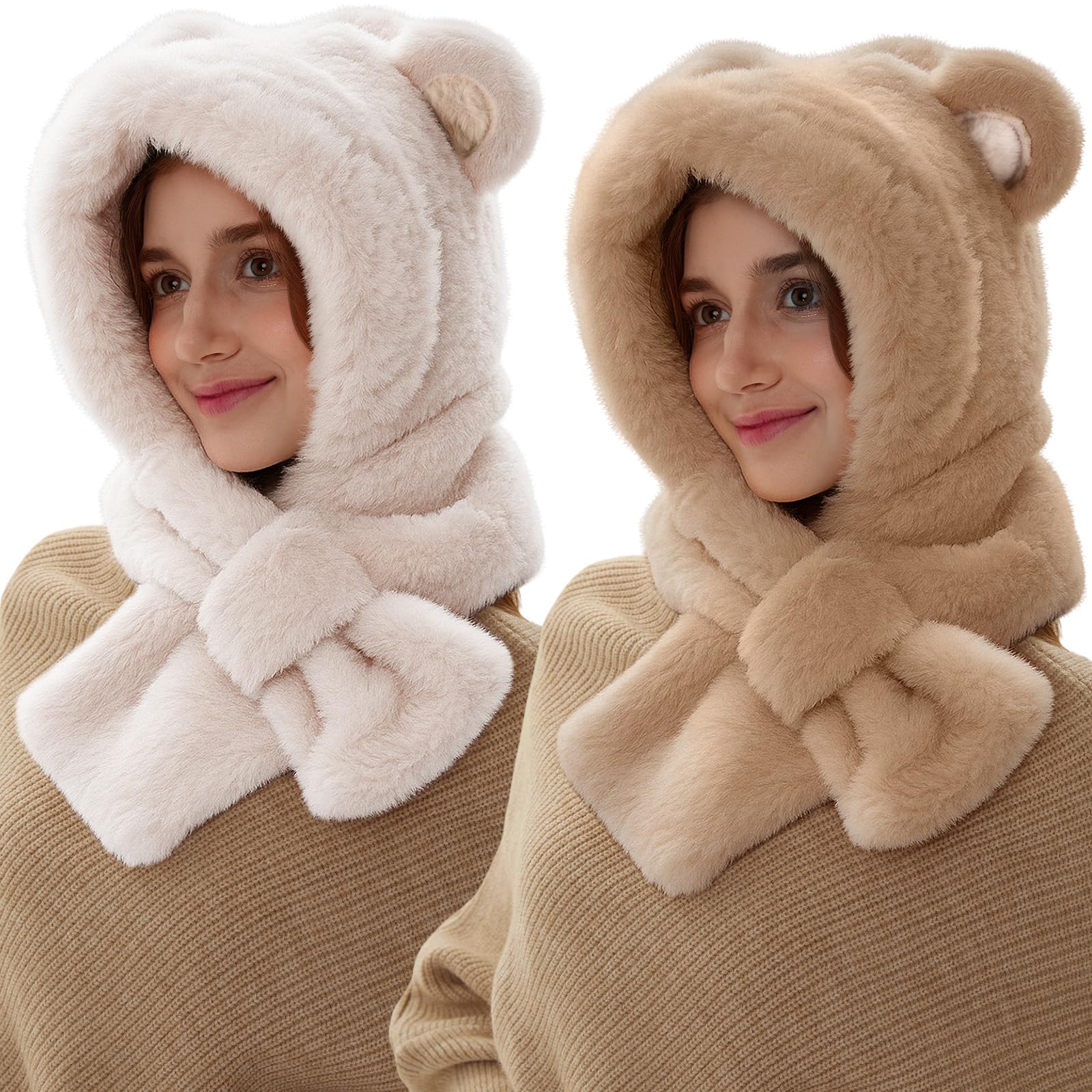 2 Pcs Cute Winter Bear Ear Hooded Scarf Hat for Women, Hat Scarf Set Fluffy Soft Warmer Neck 2-in-1 for Cold Weather-image-1