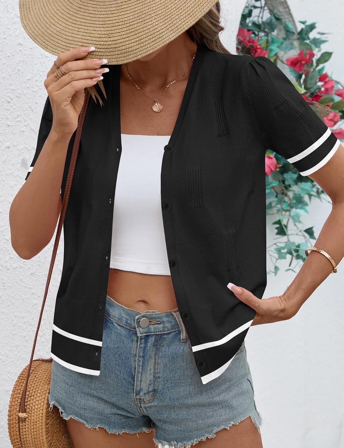 AKEWEI Womens Cardigan V Neck Short Sleeve Lightweight Knit Cropped Sping Summer Cardigans Sweaters - Image 3