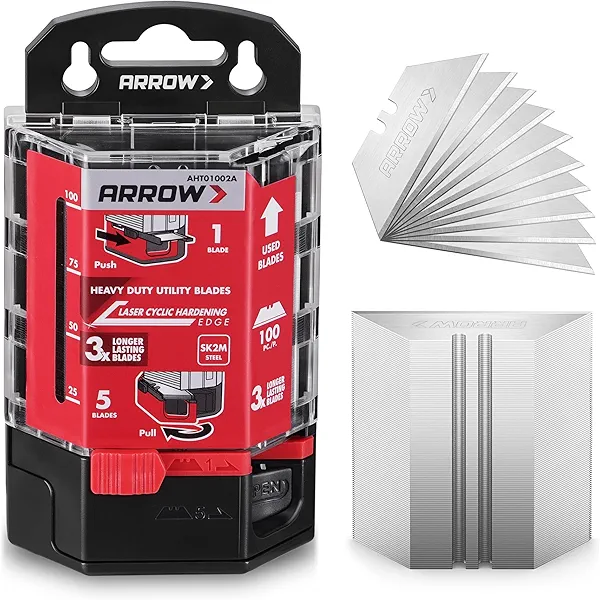 ARROW 100-Pack SK2 Utility Knife Blades, Premium Tempered Steel Box Cutter Blades with Convenient Dispenser, Sharp & Durable Replacement Blades for Cutting, Crafting, DIY Projects