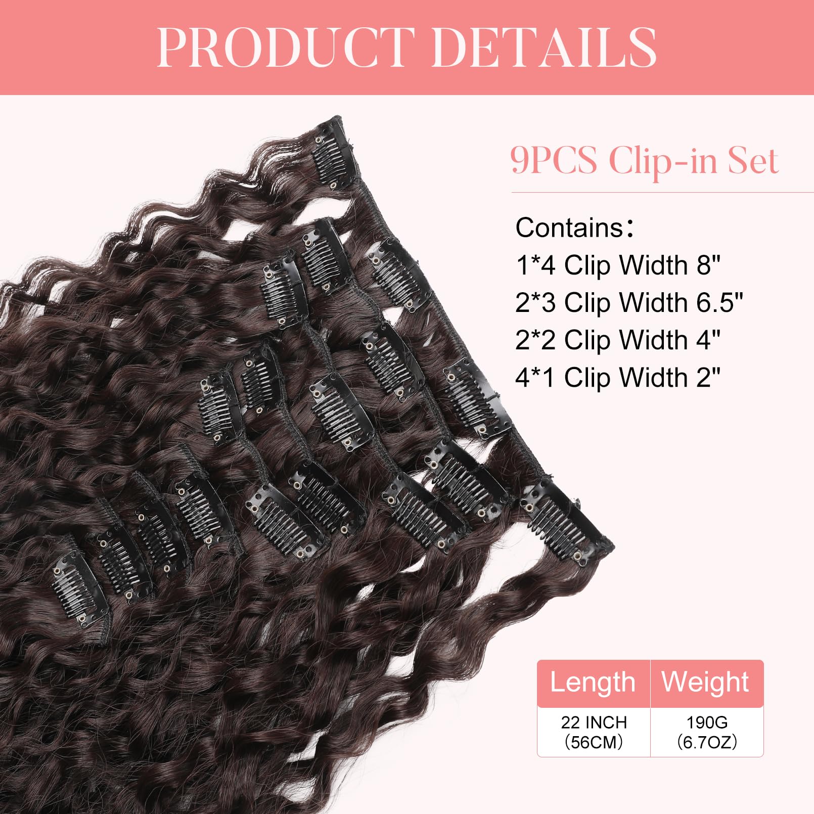FLUFYMOOZ 9PCS Clip in Hair Extensions 22 Inch Curly Hair Extension Long Soft Synthetic Hairpieces for Women (Dark Reddish Brown) - Image 3