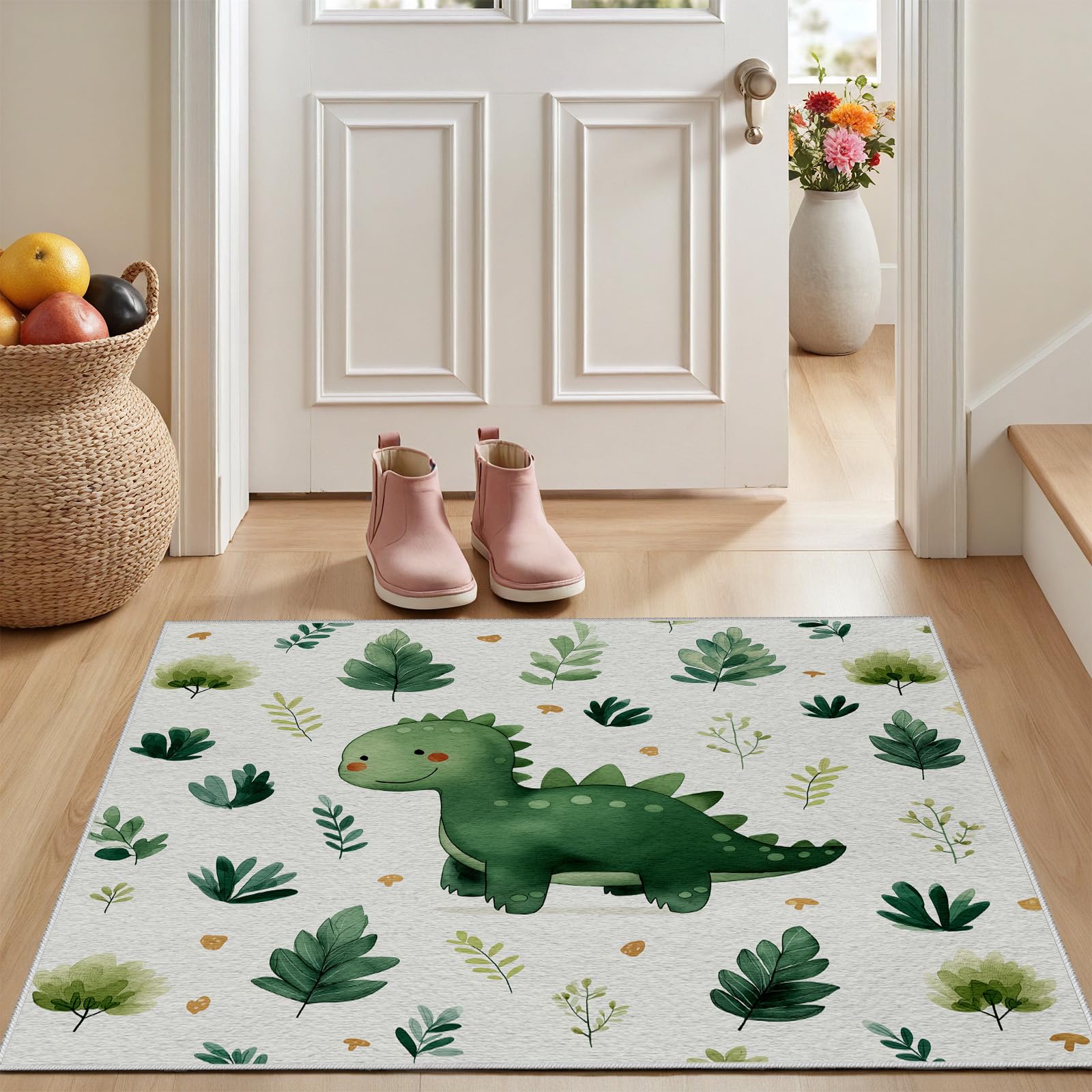 Cartoon Dino Teppich Wohnzimmer 80x150 cm, Grüner Dinosaurier Carpet Weich Kurzflor Waschbar, Jurassic Tierwelt Teppiche rutschfeste für Schlafzimmer, Esszimmer, Kinderzimmer, Küche