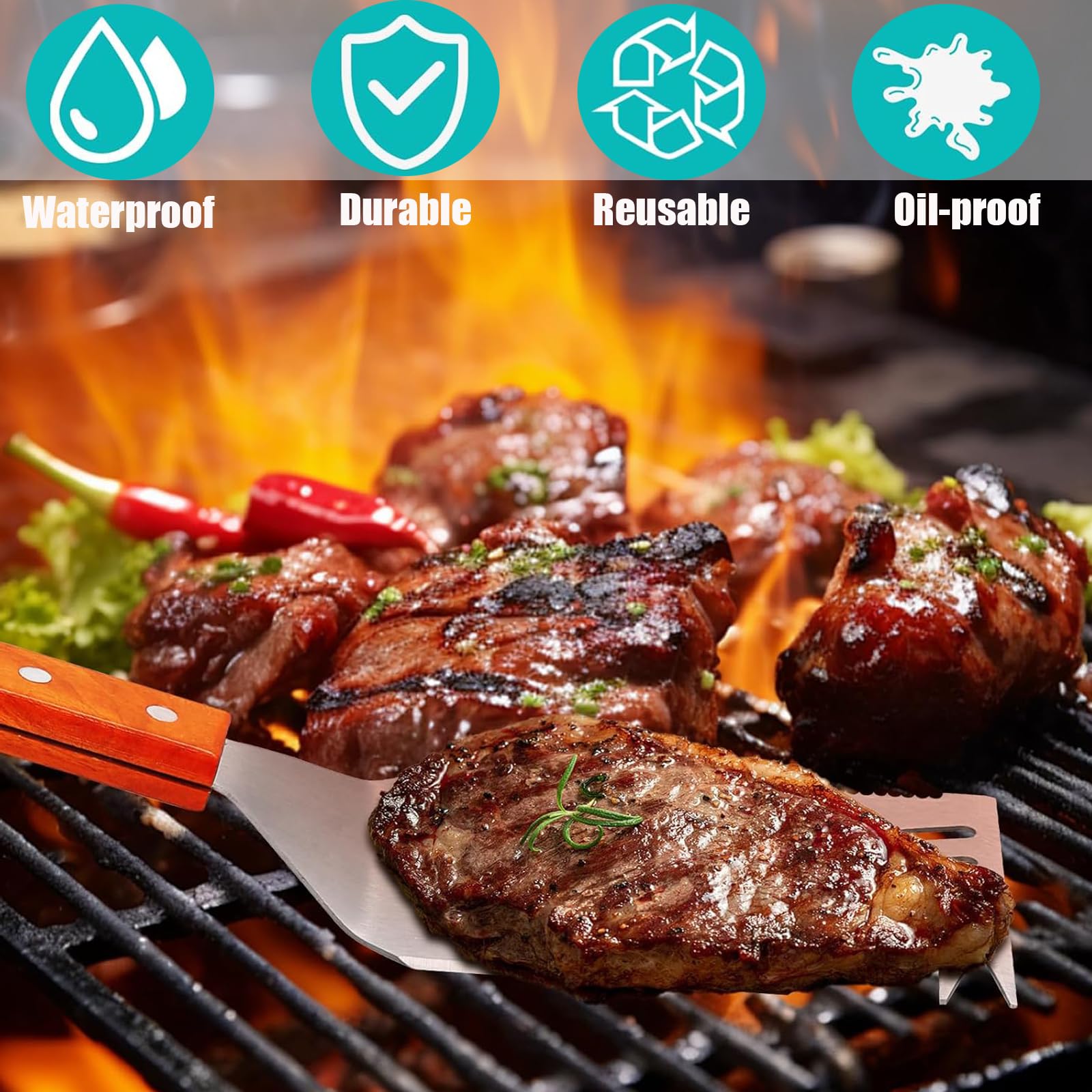 Spatola per barbecue 7 in 1 per barbecue con paletta da barbecue con design a fiamma, 42 cm, in acciaio inox, manico in legno, spatola multifunzione con apribottiglie