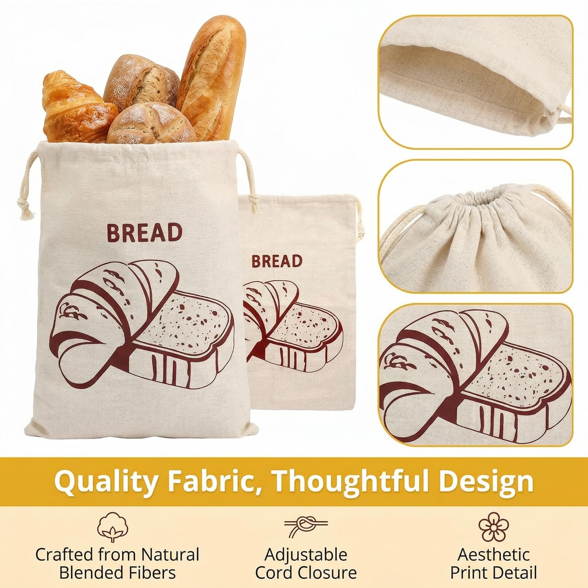 Sac à Pain Réutilisable en Tissu Lot de 2 30 x 40 cm avec Cordon de Serrage pour Baguette Fruits Stockage
