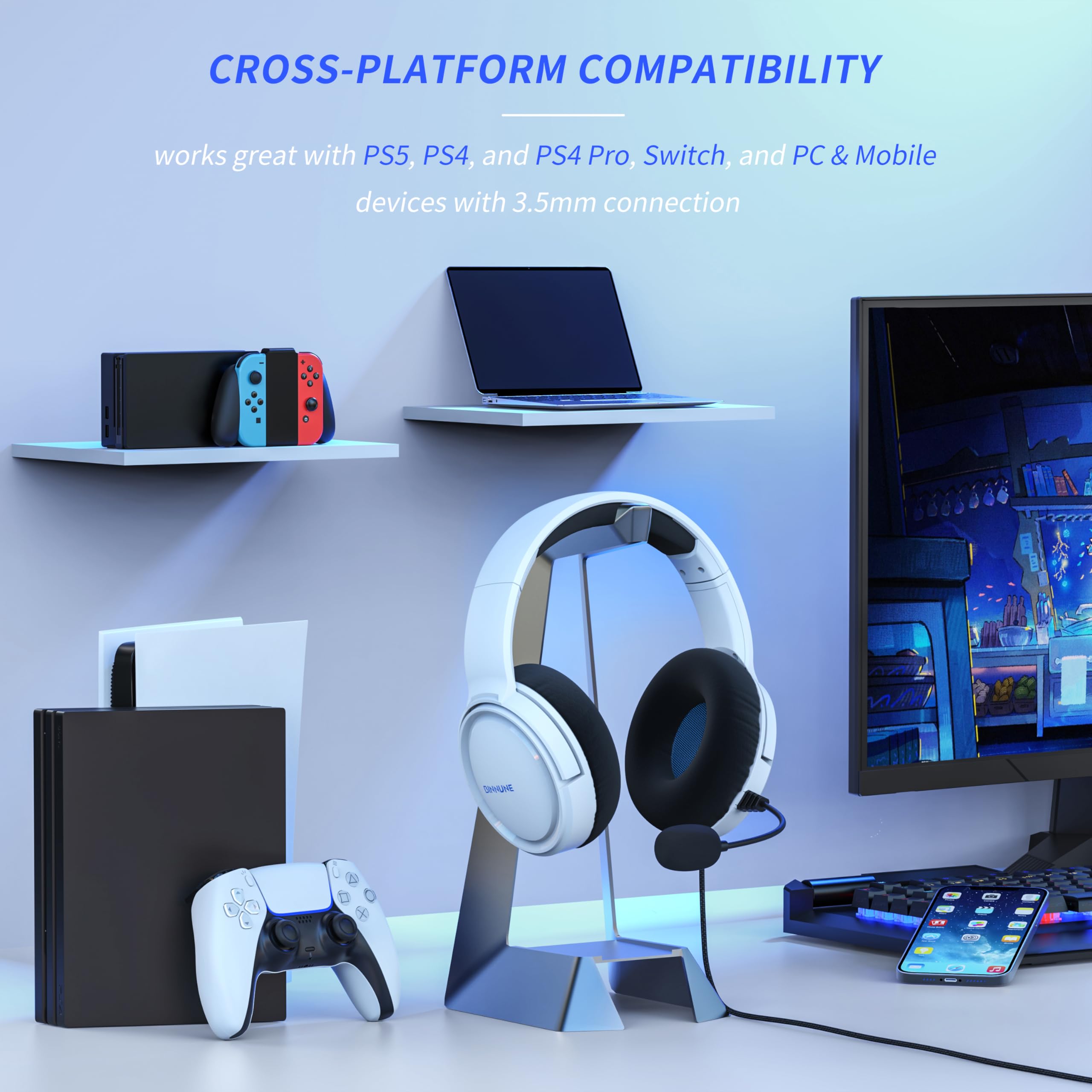 BINNUNE BG02 Cuffie Gaming per PS5, PS4, PC, Xbox, NS, Microfono, Audio Stereo, con Cancellazione Del Rumore con Filo - Bianco