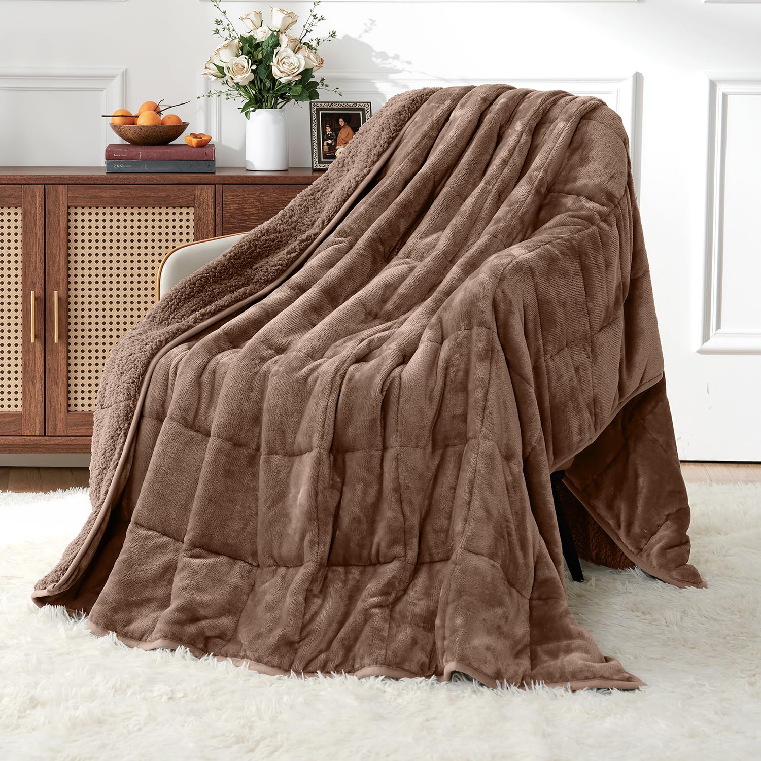 Uttermara Weighted Blankets for Adults Full Size, 12lbs 48x72 inches | Soft Plush Fleece; Warm Cozy Sherpa; Machine Washable; Filled with Glass Beads; Heavy Throw for Sleep and Calm; Brown