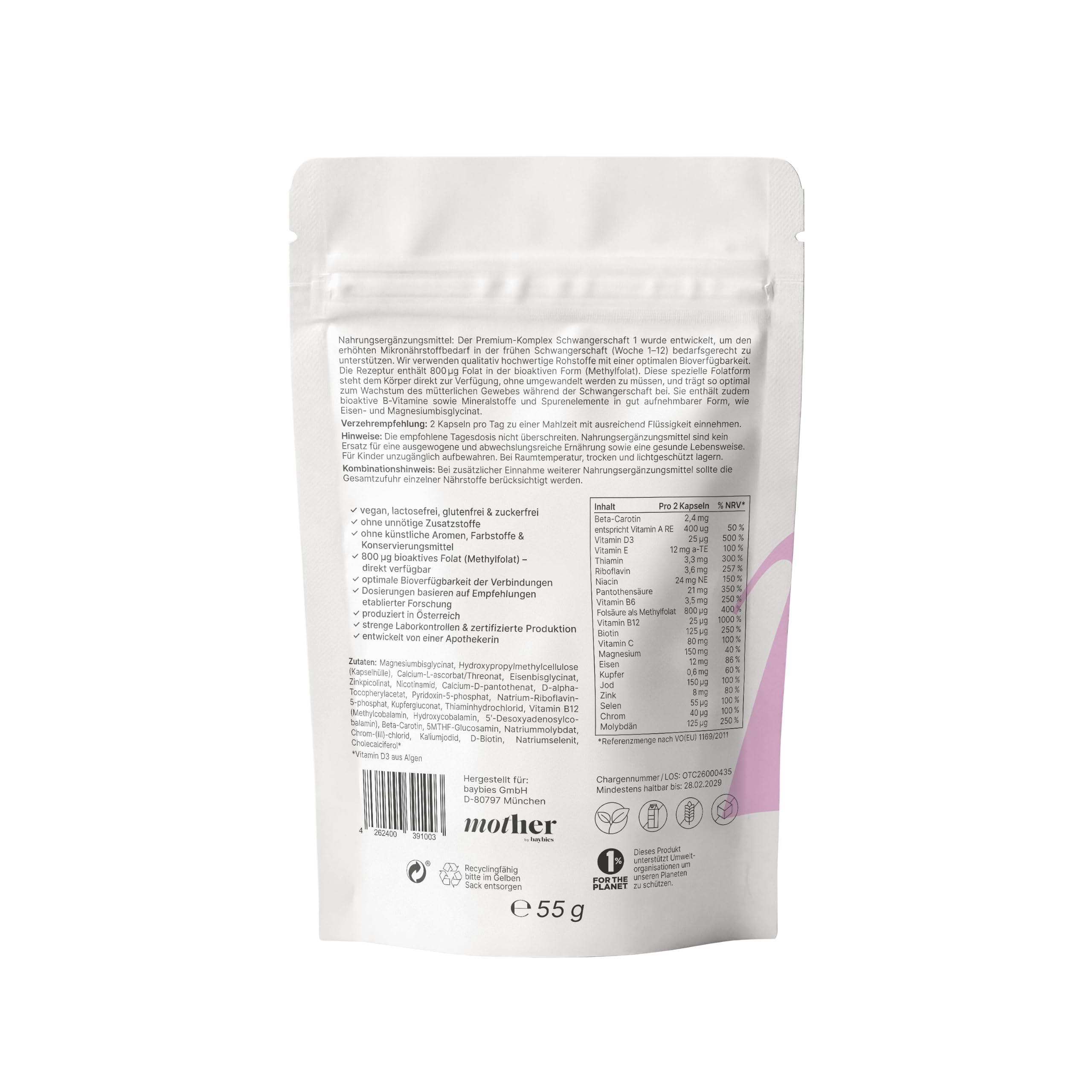 mother+ Schwangerschaft 1 Premium Komplex - Hochwertige Mikronährstoffversorgung für Kinderwunsch & Frühschwangerschaft Woche 1-12 / Mit Folat, Eisen, Jod & wichtigen Vitaminen/Vegan