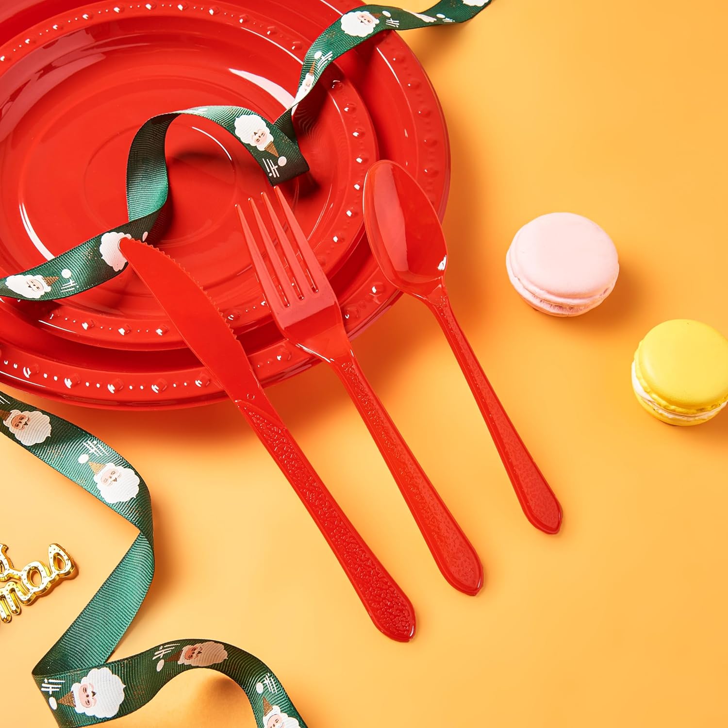 175 PCS Red Plastic Dinnerware Set Includes 50 Plates, 25 Cups, 25 Napkins, 25 Cutlery Spoons Forks & Knives, Disposable Dinnerware Set, Red Party Supplies Set