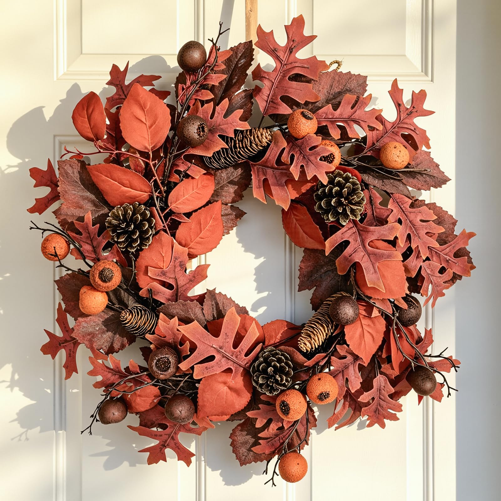 Fall Wreath for Front Door, 24 Inch Maroon Maple Leaves with Acorns and Pinecones Artificial Outdoor Autumn Wreath for Porch, Window, Farmhouse, Home,Thanksgiving Holiday, Hanging Fall Decorations