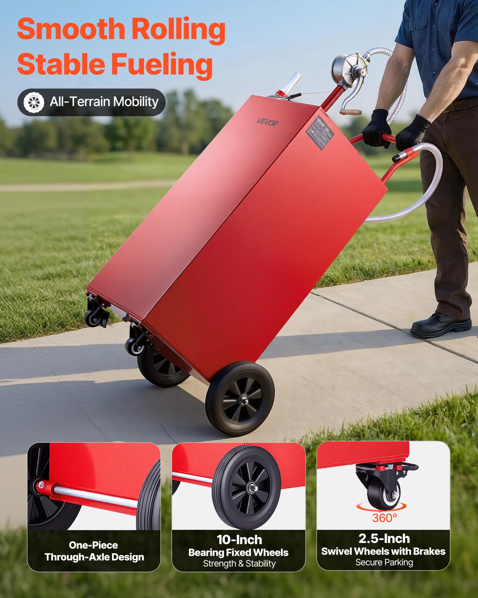 VEVOR Carro de Combustible de 189,3 L con Depósito de Gasolina y Diésel, Tanque de Combustible con 4 Ruedas, Bomba Manual de Trasvase Bidireccional, Acero al Carbono, para Garaje, Granja y Exterior